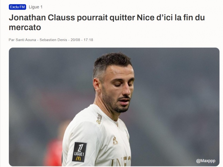 记者:乔纳森-克劳斯可能夏窗最后时刻离开尼斯,有球队加快追求